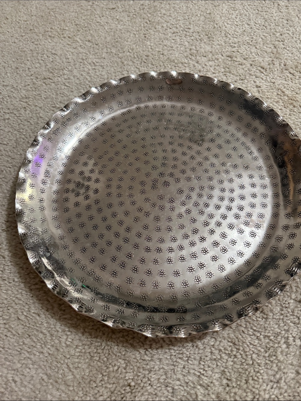 Vintage Decorative Silver Metal Serving Tray with Embossed Pattern made in India